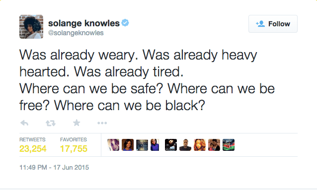 Solange Knowles Tweet saying: Where can we be safe? Where can we be black?