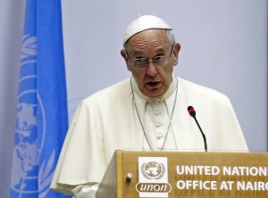 Pope Francis speaks at the UN headquarters in Kenya's capital Nairobi