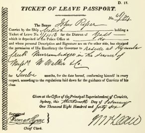 Ticket of leave documents issued to convicts from the New South Wales Colonial government